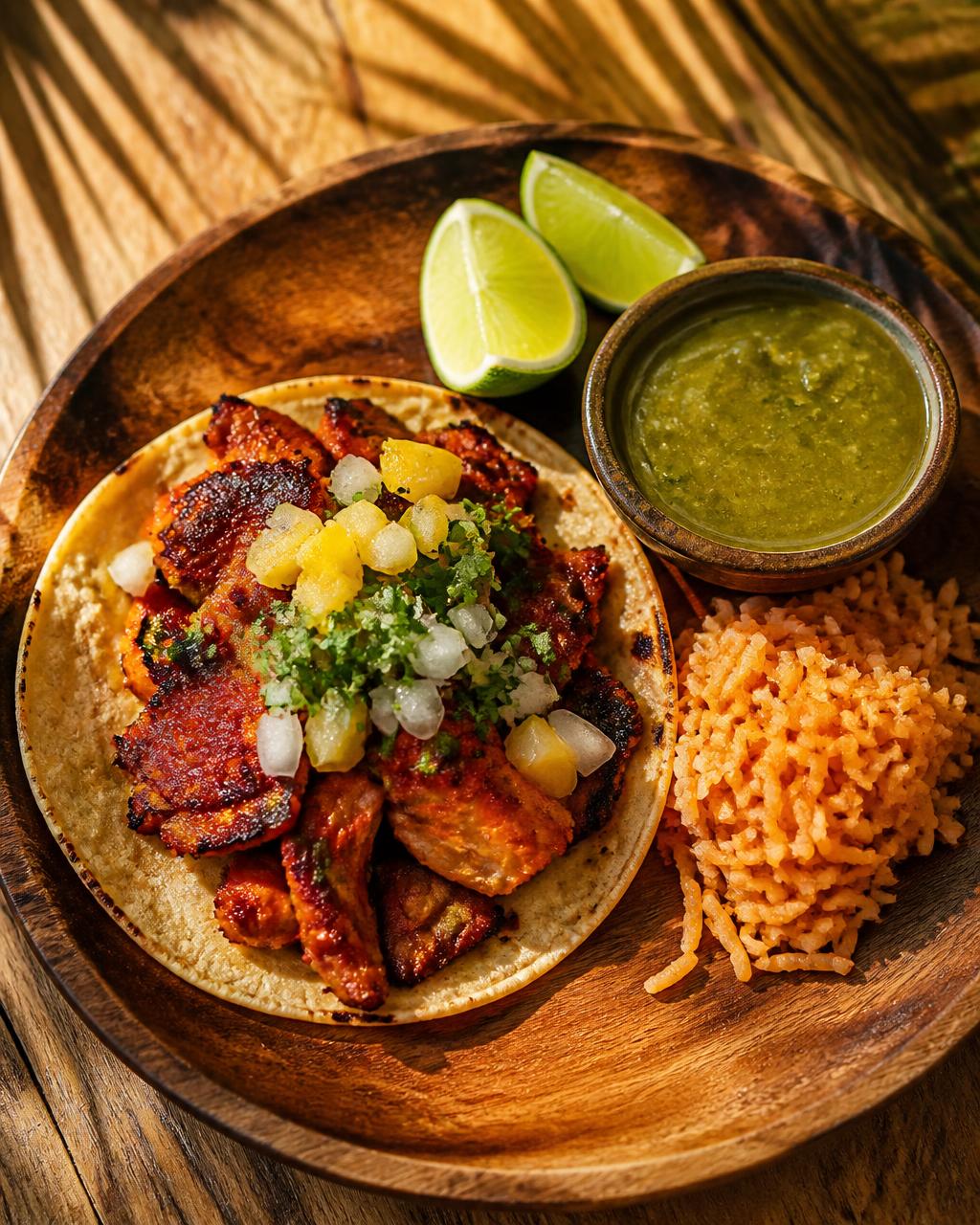 Charred al pastor taco with salsa, lime, and rice on a rustic wooden platter